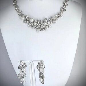 Bridal Statement Rhinestone & Faux Pearl Bridal Necklace & Earring Set Unsigned